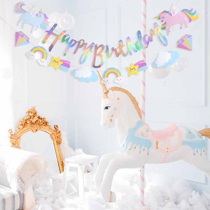 Guirnalda de papel con de unicornio para de cumpleaños, banderines con temática de cumpleaños para niños, decoración para de cumpleaños, 1er Baby Shower, bandera colgante