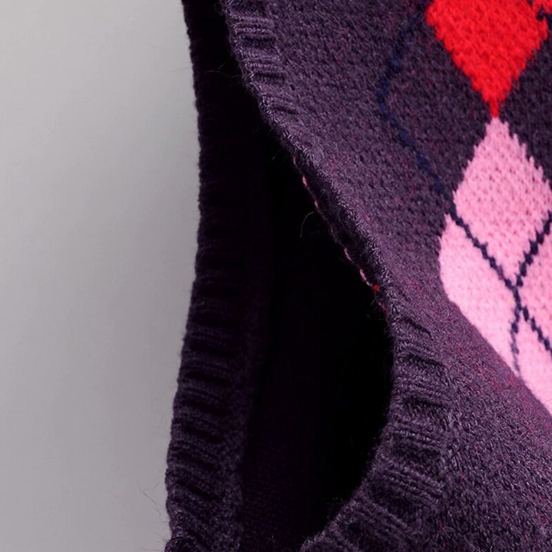 Femmes sans manches tricot pull gilet losange Plaid Preppy Style recadrée débardeur 83XF