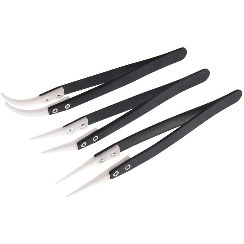 3Pcs Ceramic Tweezers Set, Heat Resistant Non-Conductive Anti-static Curved &amp; Straight Ceramic Tips Precision Tweezers