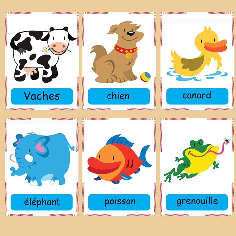 30Pcs French Cartoon Animals Giraffe French Learning Word Card Learning Card Early Education Children's Games Word Pocket Cards
