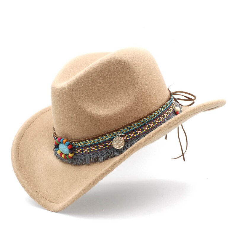 Barneull hule western cowboy lue dusk belte barn jente jazz cowgirl sombrero cap størrelse 52-54cm i 4-8 år: Khaki
