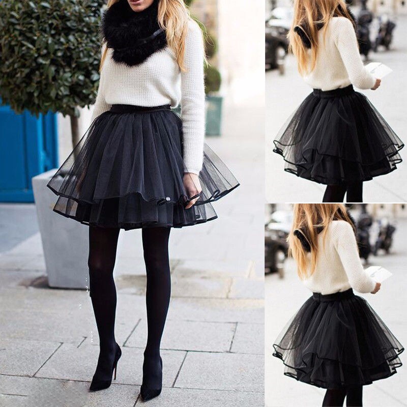 Women Girl Black Ballet Tulle Pleated Tutu Skirt Wedding Party Prom Bouffant Dress S M L XL