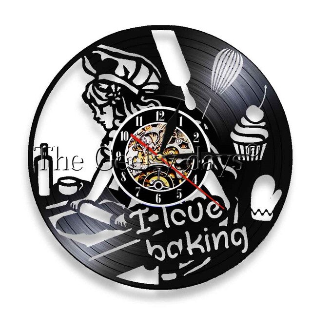 Kitchen Vinyl Record Wall Clock Modern Cooking Room 3D Decoration LED Clock Wall Watch Home Decor for Chef 12 inch: C-NO LED