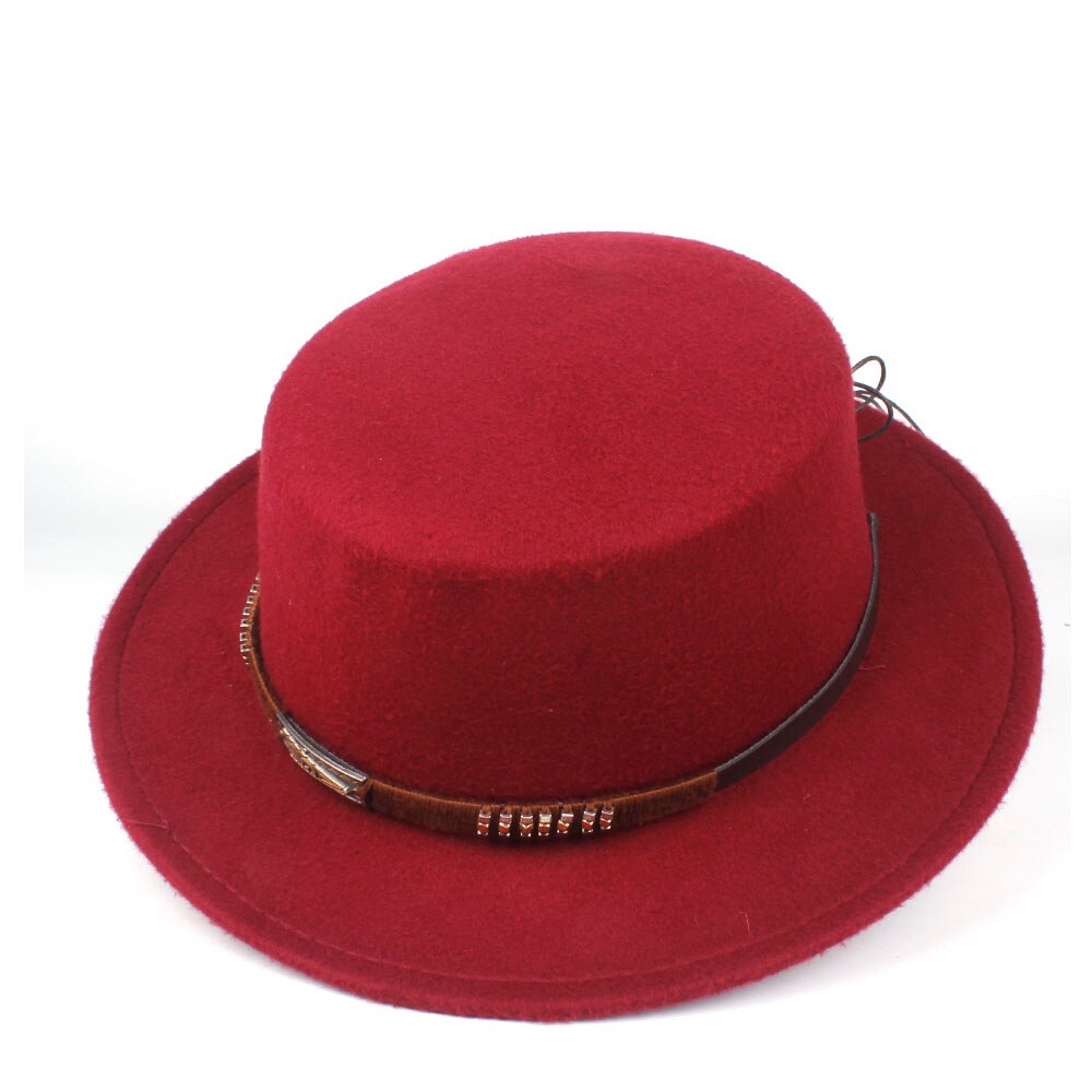 Unisex Men Women Flat Top Hat With Belt Retro Fedora Hat Wide Brim Hat Jazz Hat Size 56-58CM: Wine Red