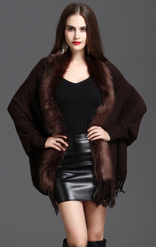Forår damer faux fur krave cape sjal cardigan grå kvinder kvaststrik cardigan sweater poncho vinter varm frakke: Kaffe