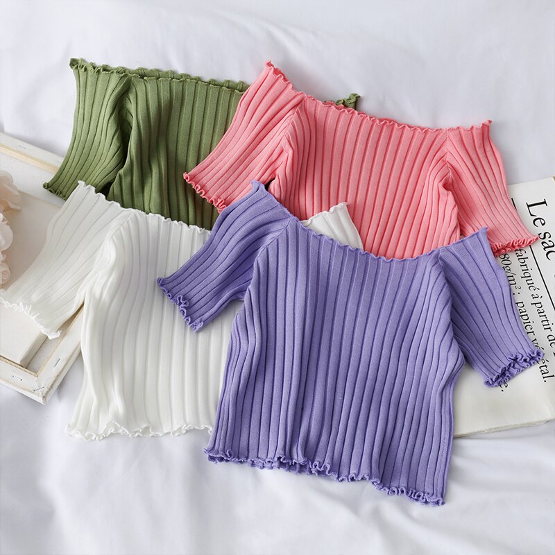 Kvinnor t-shirt off shoulder stickad crop tops kvinnor solida kortärmade smala t-shirts kvinnor sommar