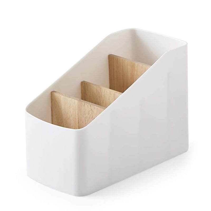 Soporte para mando a distancia de plástico y madera Caddy, desmontable, 4 compartimentos, organizador de escritorio de oficina, soporte para lápices