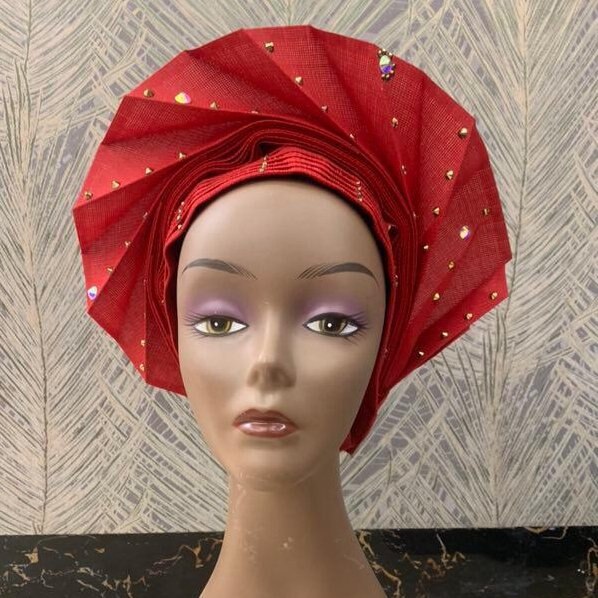 Kvinder stil hovedindpakning med rhinestone tørklæde kasket hat pandebånd turban afrikansk bryllup nyeste auto gele klar til at bære så oke: Rød 4