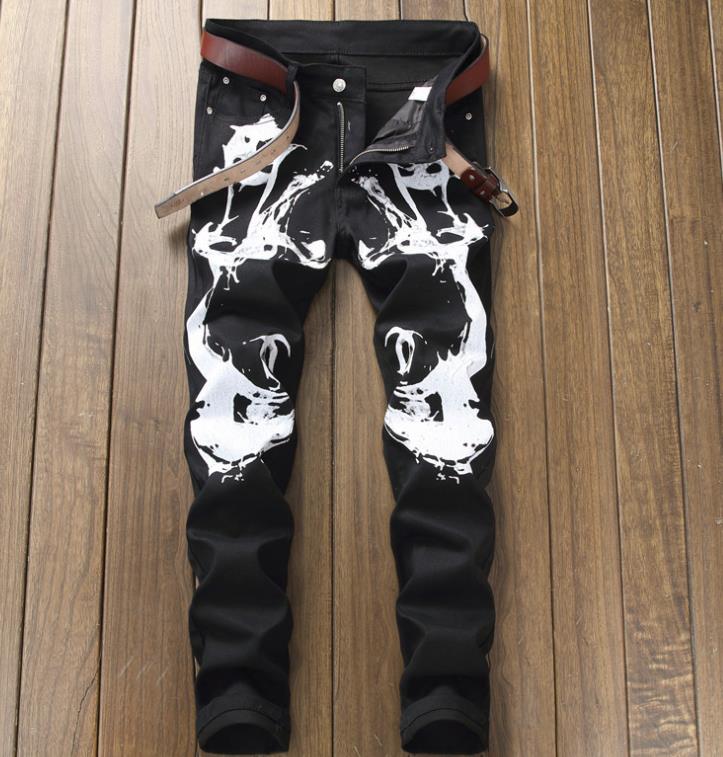 Black Colored Men's Painted Print Jeans Slim Straight Stretch Denim Pants: 34