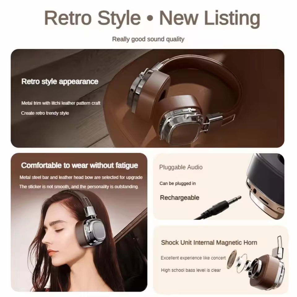 Retro On Ear Headphones Wireless Bluetooth Headsets DJ Stereo Sounds Bluetooth 5.3 Headset Gamer Choice For XiaoMi 2961