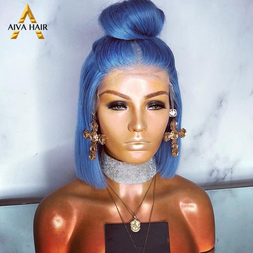 Aiva Hittebestendige Oranje Synthetische Lace Front Pruik Zwart Blonde Korte Pruik Lijmloze Cosplay Blauw Paars Bob Pruiken Voor Zwarte vrouwen: Blue / 10inches
