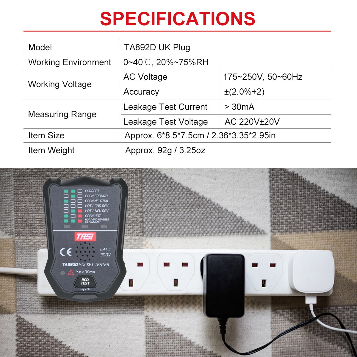 TASI Electric RCD Socket Tester Multifunctional Circuit Detector Ground Wire Zero Line Live Line Leakage Tester Voice Broadcast