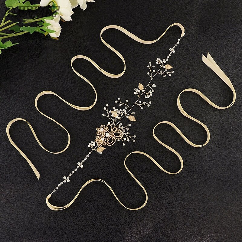 Cinta para la cabeza de para boda, accesorios de boda con cuentas, flores doradas y cinturón de perlas para vestido de mujer, Cinturón fino para