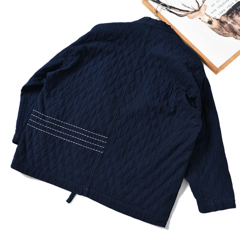 Men Navy Blue Thick Knitted Denim Kimono Jacket Japan Style Spring Autumn Open Placket Male Haori Loose Coat