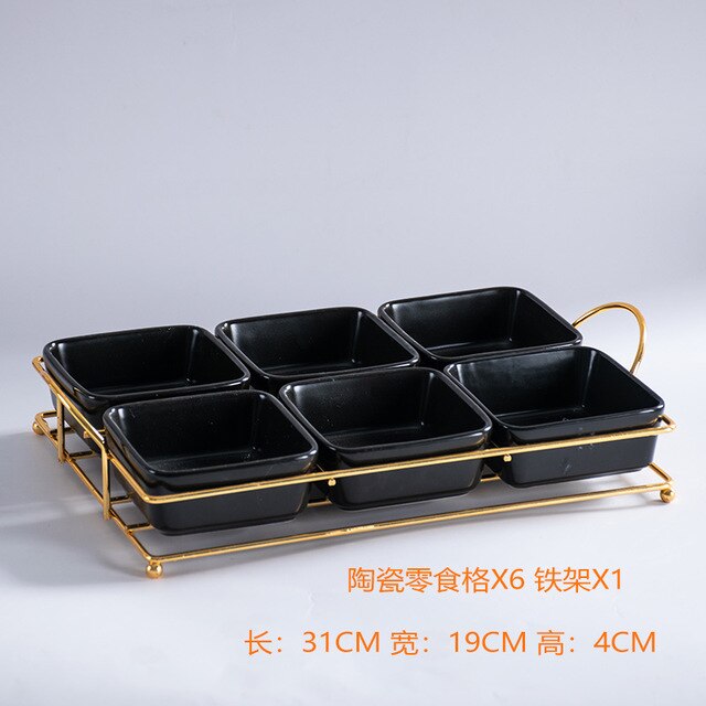 Ceramic Food Tray Dessert Serving Cake Trays Decorative with Iron Stand Kitchen Grid Nut Snack Candy Organized Decoration Trays: black6