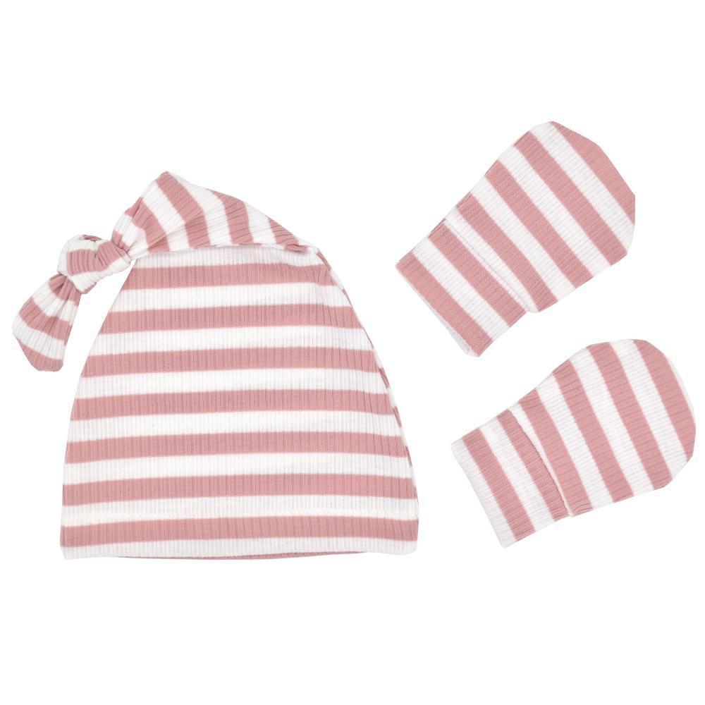 Knot Baby Hat and Gloves Set Stripe Cotton Baby Caps Autumn Spring Newborn Photography Props For Girls Boys Infants: Pink