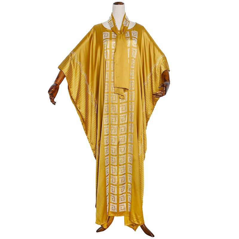 Md Afrikaanse Jurken Voor Vrouwen Ankara Lange Jurk Plus Size Bazin Dashiki Gewaad Zuid Afrca Dames Kleding Boubou headtie: Geel