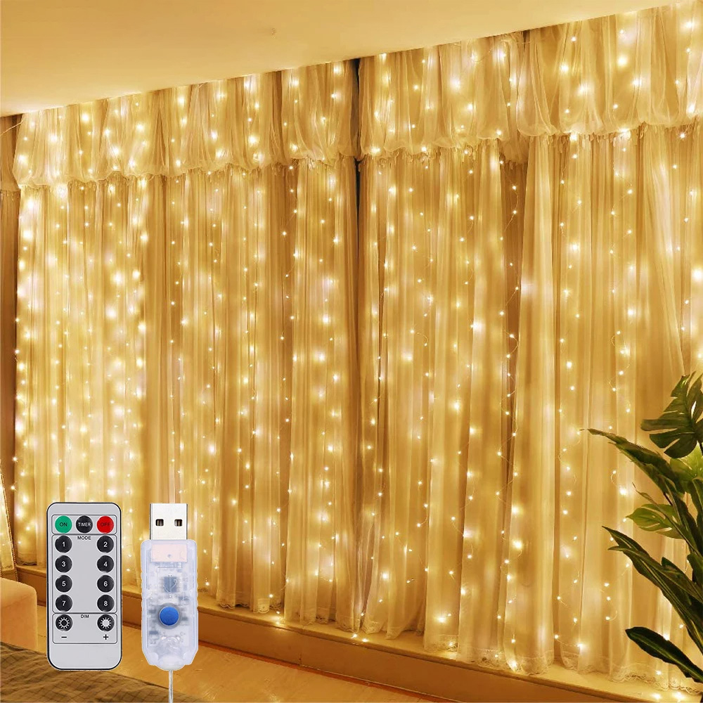 Guirnalda de luces para cortina, luces de hadas alimentadas por USB, 8 modos de iluminación con Control remoto, decoración del hogar de Navidad y Año , 1 ud.