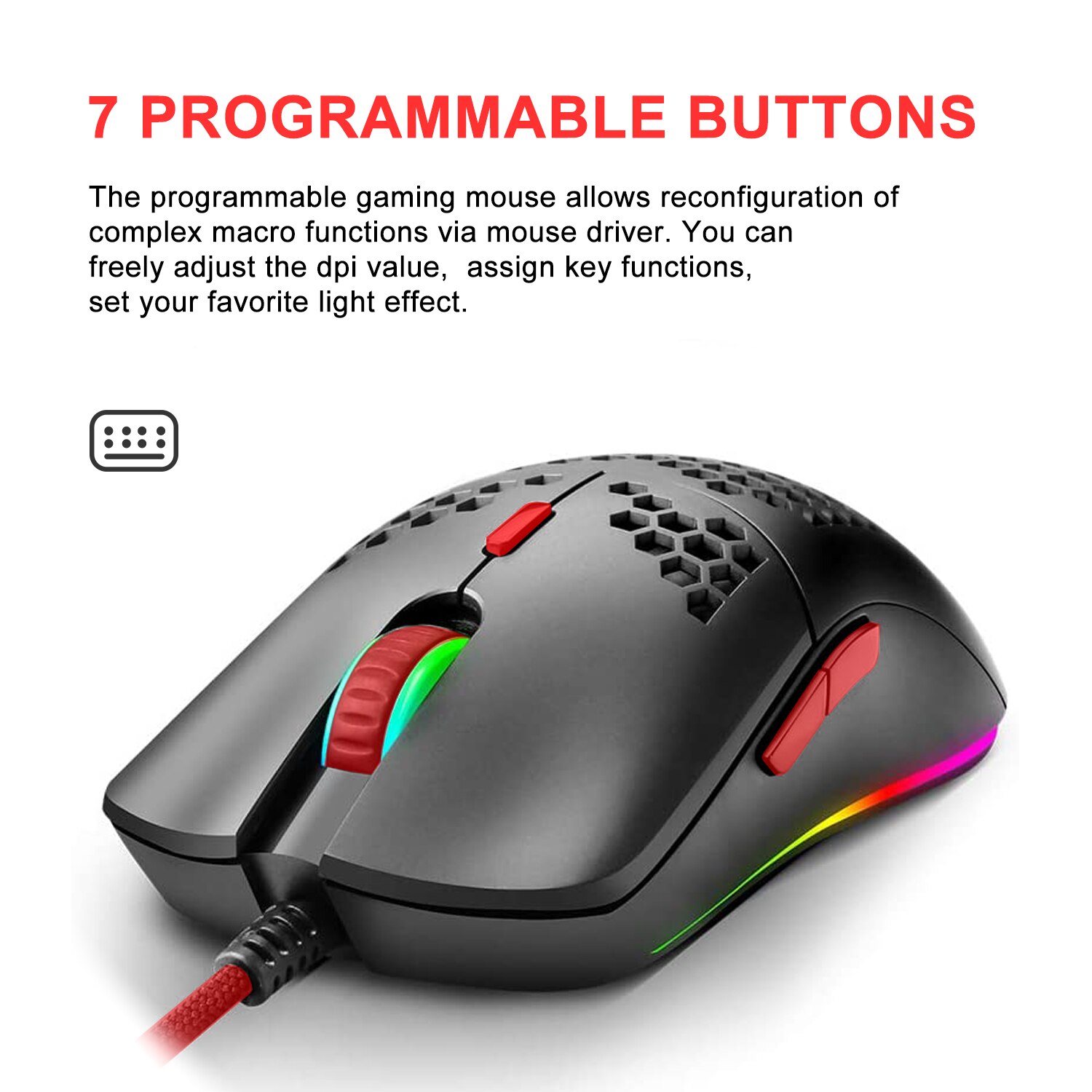 RedThunder M6 Lightweight Honeycomb Shell Wired RGB Gaming Mouse - Programmable 7 Buttons - Adjustable 7200 DPI-for PC PS4 Xbox