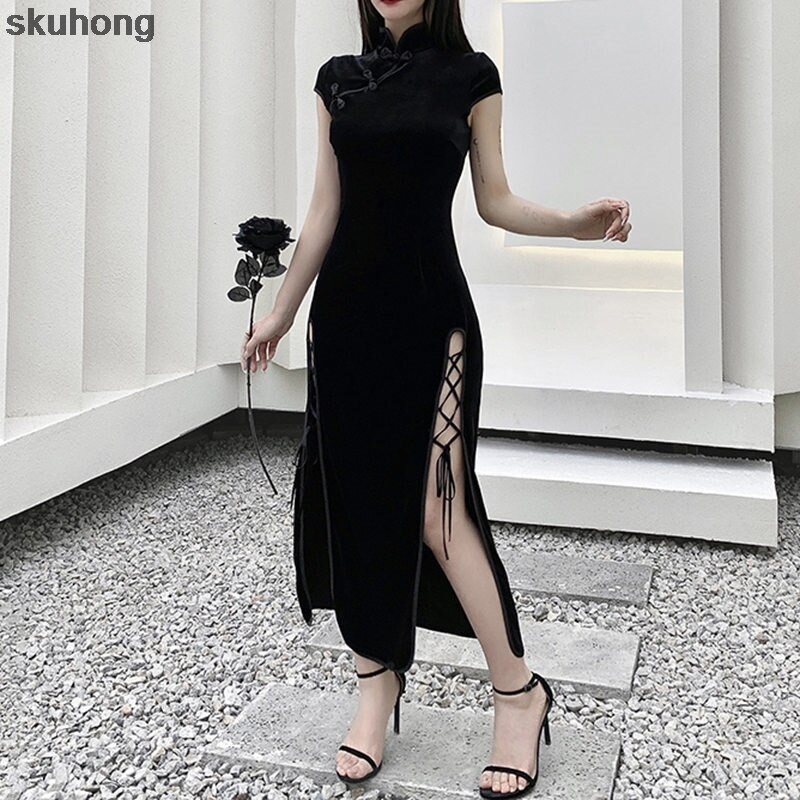 Satijn Gothic Vrouwen Stijl Cheongsam Chinese Traditionele Qipao Split Jurk Retro Elegante Vintage Mode Oosterse Kleding
