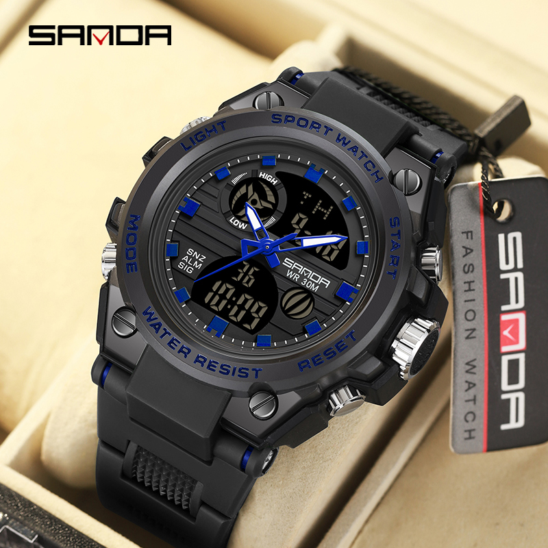 Reloj electrónico SANDA 739 para hombre, cronómetro de cuenta regresiva doble de lujo, resistente al agua, deportivo, Digital, luminoso, batería Original japonesa