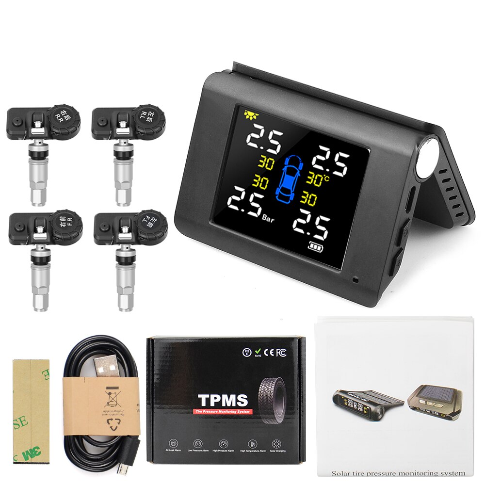 TPMS Solar Power Tyre Pressure Monitoring System with 4 Sensors LCD Real-time Display Car Tire Pressure Auto Alarm System: internal sensors