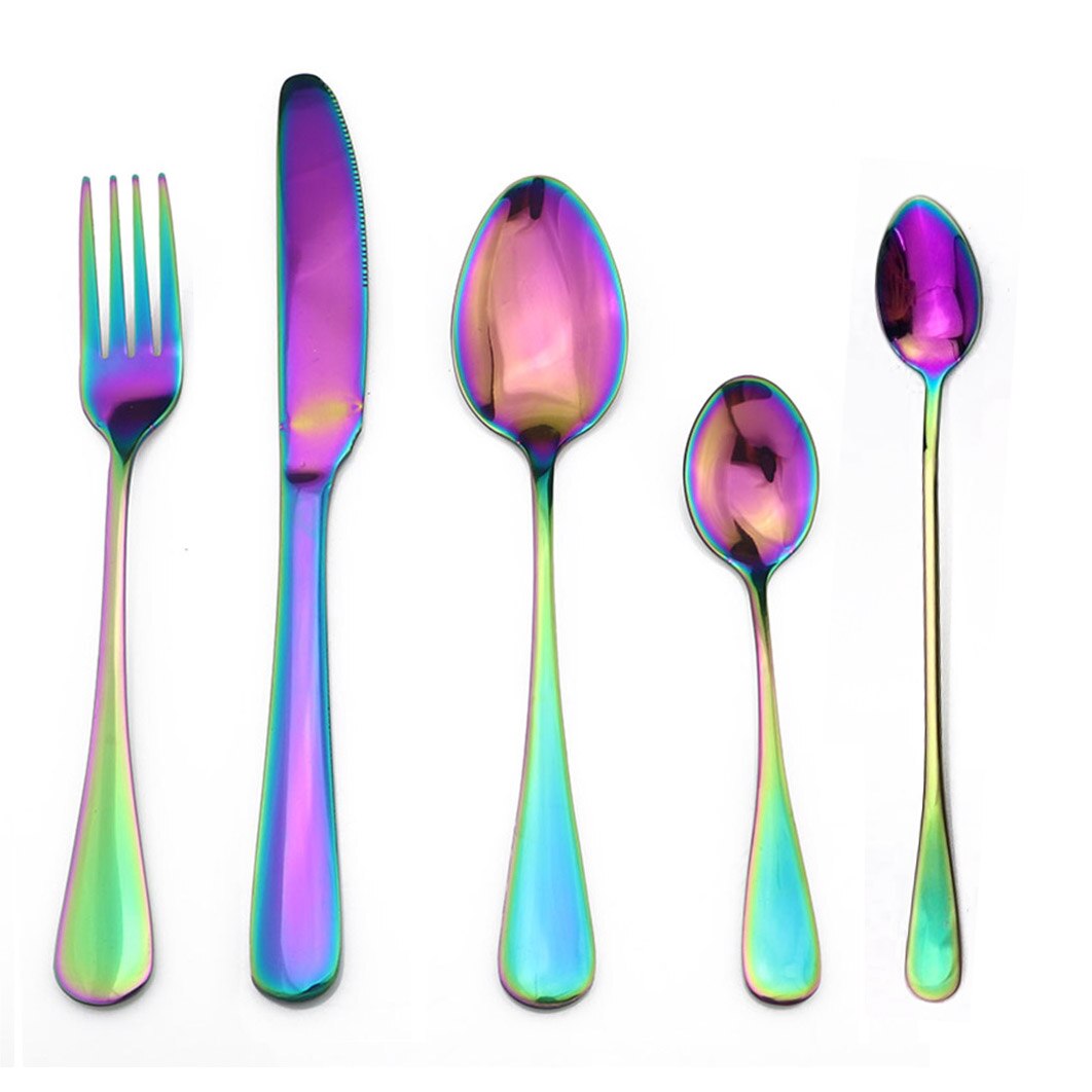 Iridescen Rainbow Flatware Set Stainless Steel Cutlery of Sets Fruit Salad Forks Long Coffee Spoon Dinnerware Set Service for 1: Rainbow  5pcs  A