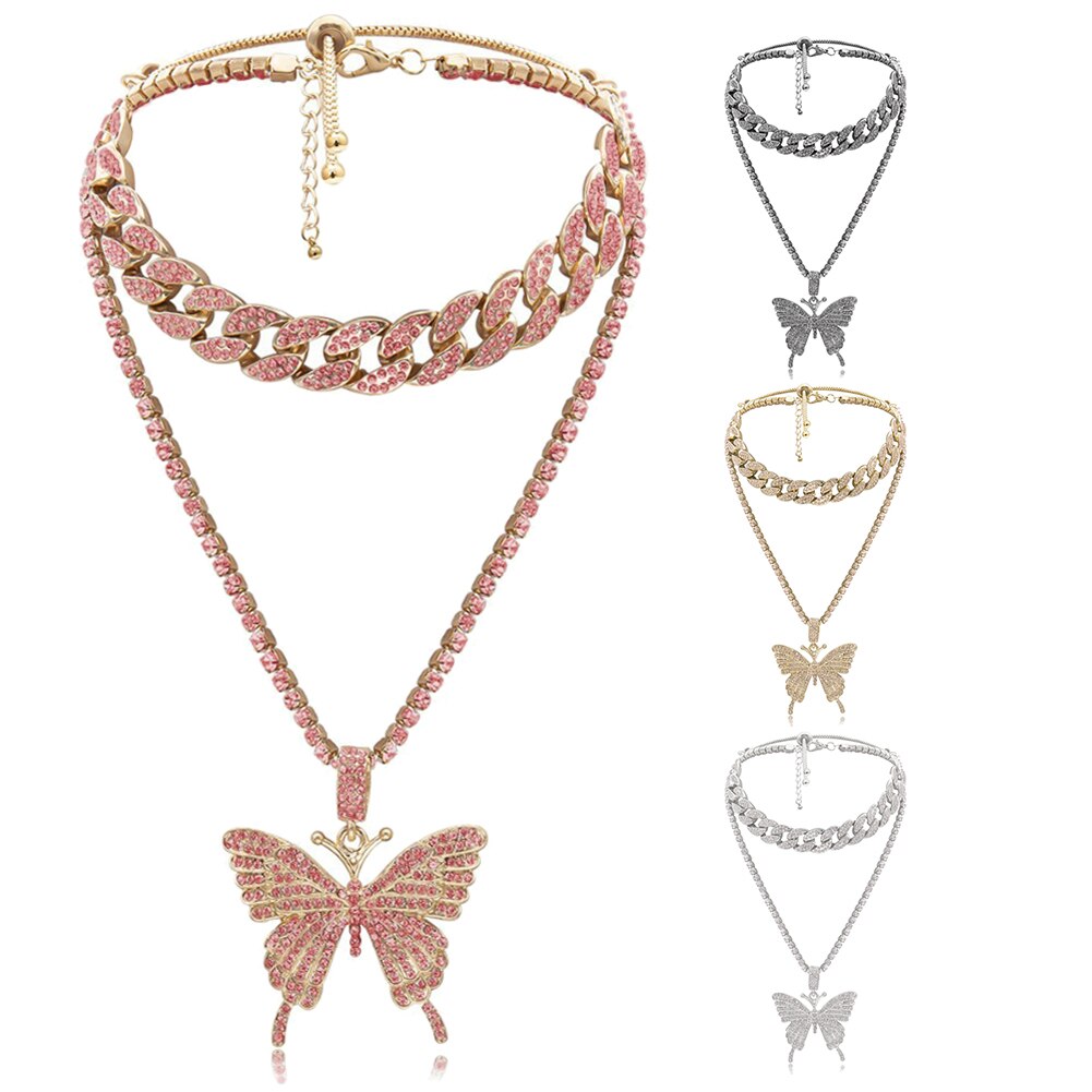 Vrouwen Mode Punk Stijl Rhinestone Vlinder Hanger Collier Sieraden