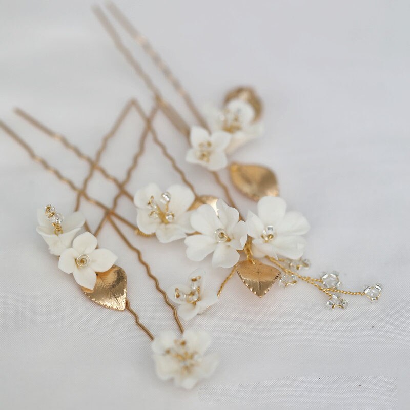 SLBRIDAL fatto a mano Ceram Fiore del Foglio Della Lega di Perle Da Sposa Capelli Spille Capelli etichetta Accessori per Capelli Da Sposa Damigelle D'onore Dei Monili Delle Donne