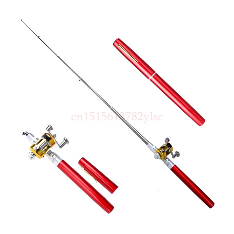 Fonoun Mini Portable Pocket Fish Pen Aluminum Alloy Fishing Rod Pole Reel Pocket Pen Fishing Rod Pole Reel Combos FL89: Red