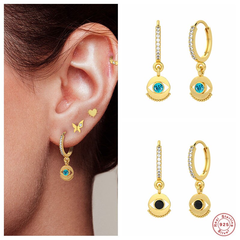 BOAKO 925 Sterling Silver Black Blue Zircon Eye Pendant Hoop Earrings For Women Luxury Bohemian Pave Crystal Circle Earring