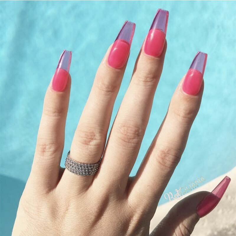 24 Stks/set Vrouwen Wearable Jelly Kleur Nep Nagels Druk Op Met 2G Lijm Vierkante Kop Nep Nagels Lange Roze nagels Nep Nagels Set