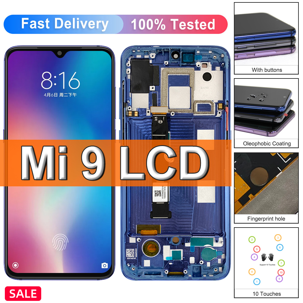 AMOLED For Xiaomi Mi 9 Mi9 LCD Display Touch Screen Digitizer Assembly With Frame For Xiaomi Mi9 M1902F1G Screen Replacement
