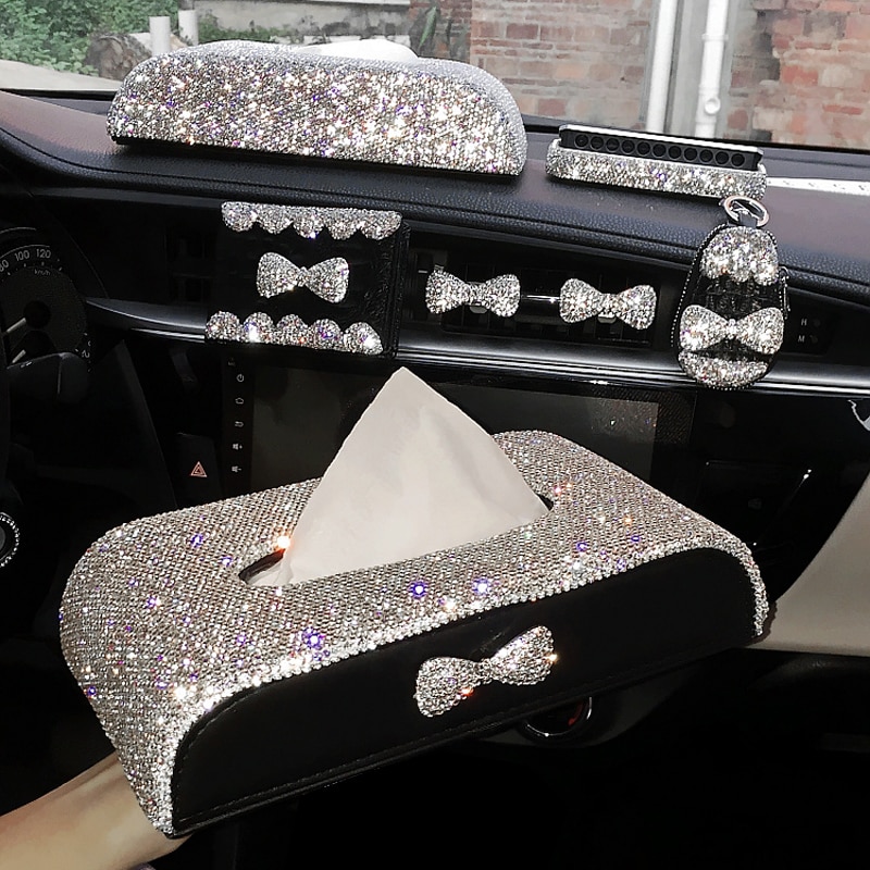 Sød bowknot bling krystal bil vævskasse universal bil armlæn papir holder dækning diamant rhinestones bil interiør tilbehør