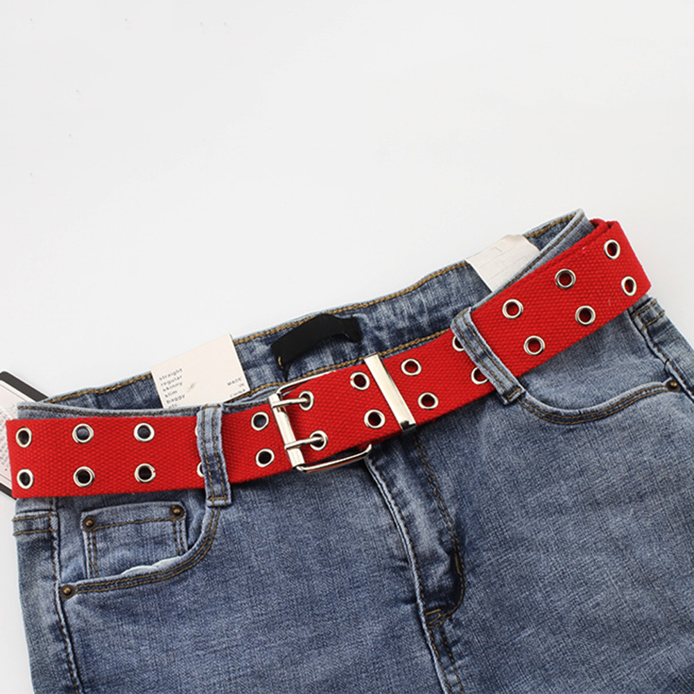 Cinturones de lona ancha para hombre y mujer, cinturón informal de doble Agujero hueco con hebilla, correa ajustable de Color sólido, pantalones vaqueros para estudiantes: Red