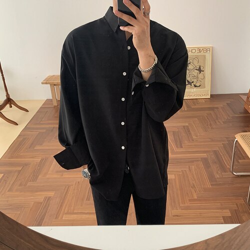 Autumn Solid Lapel Loose Shirt Men Korean Long-sleeved Single-breasted Slim Men's Shirt: Black / XXL