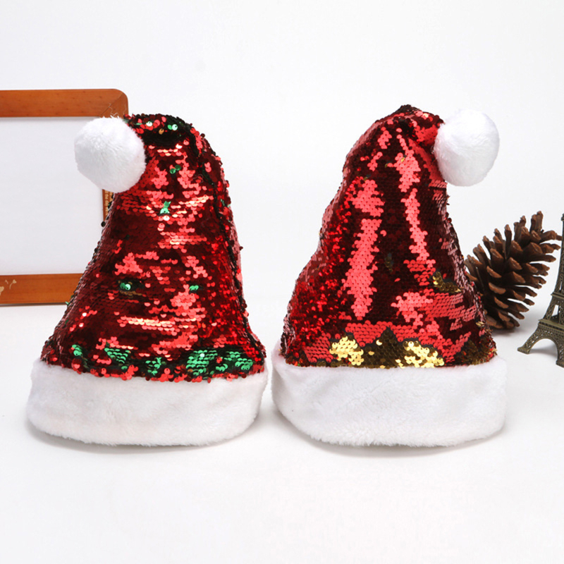 Kerstmuts Pailletten Korte Pluche Xmas Hoed Shiny Kerst Cap Decor Caps Pluche Warme Kerst Hoed