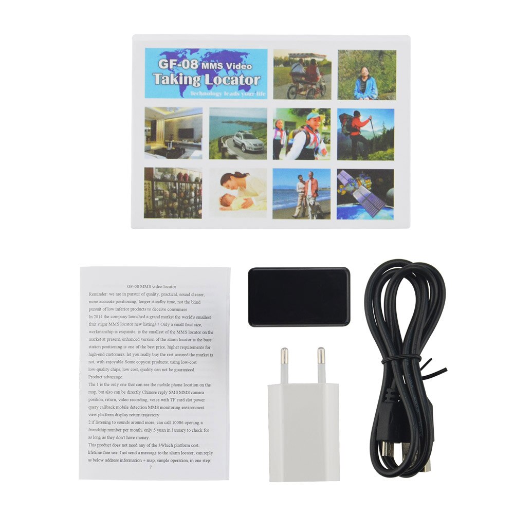 Mini rastreador portátil GSM/GPRS, localizador parlante de vídeo en red, GF-08, batería de iones de litio de 3,7 V y 400mAh, tiempo de espera largo, mini rastreador gsm: with box and plug