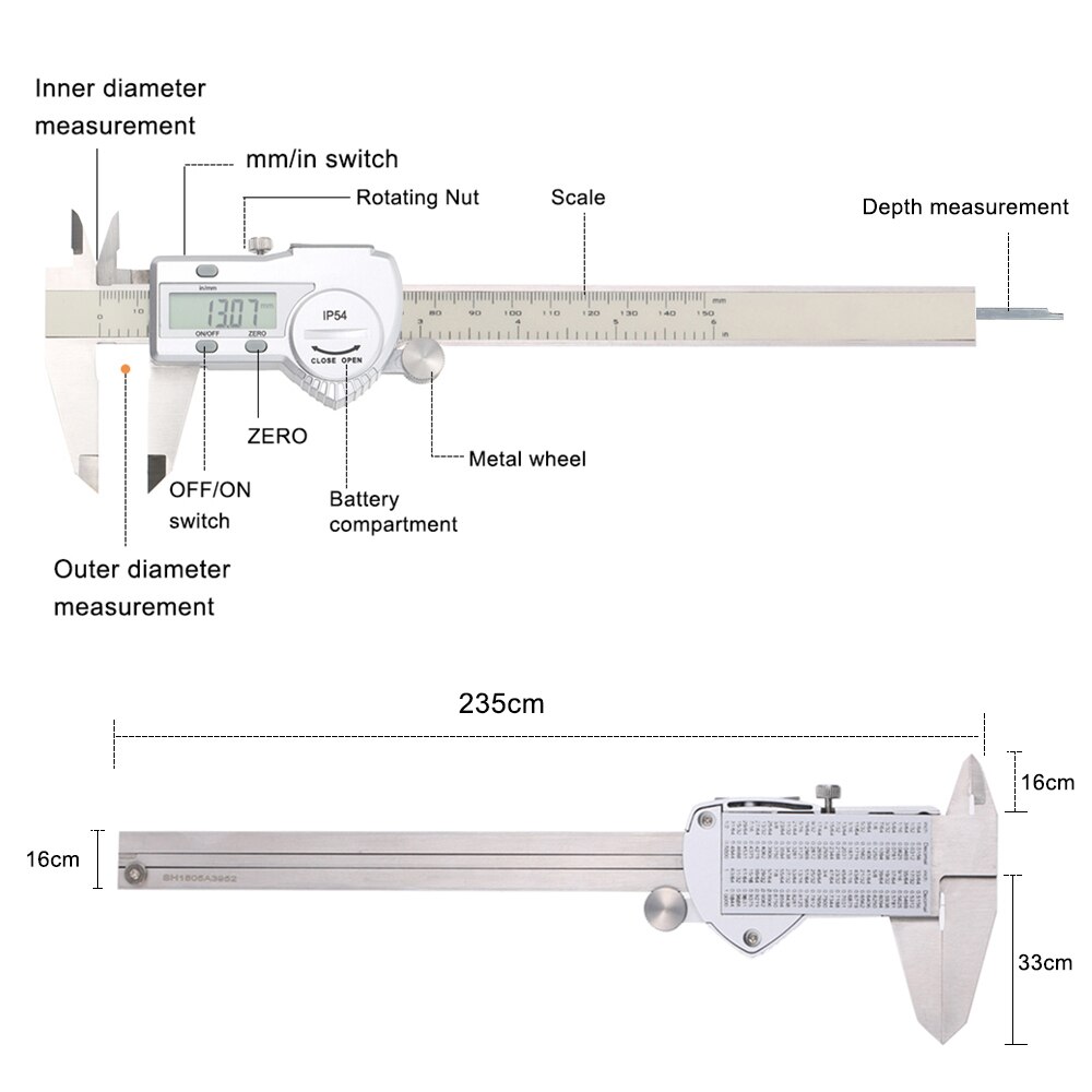 KKMOON 0-12Inch 100mm/150mm/200mm/300mm Measuring Tool Stainless Steel Caliper Digital Vernier Caliper