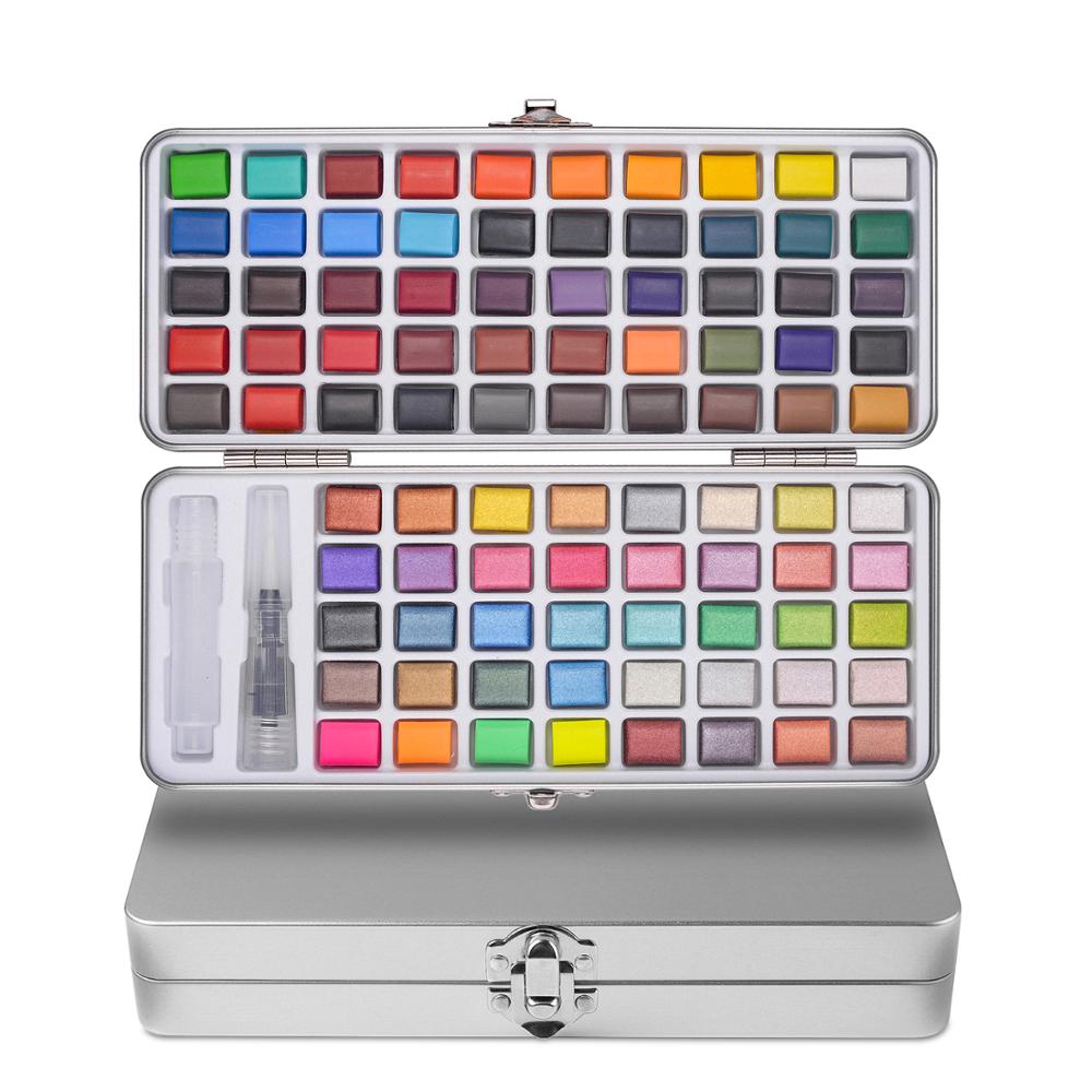 50/90 Colors Solid Watercolor Paint Set Contains Brushes in a Portable Metal Box for Beginner Drawing Painting Art Supplies