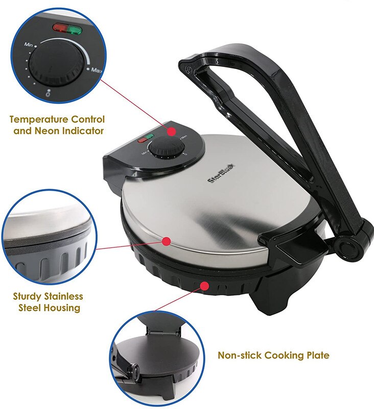 10inch Roti Maker with Free Roti Warmer Automatic Non-Stick Electric Machine to Make Chapati, Tortilla, UK Plug, Europe Adapter