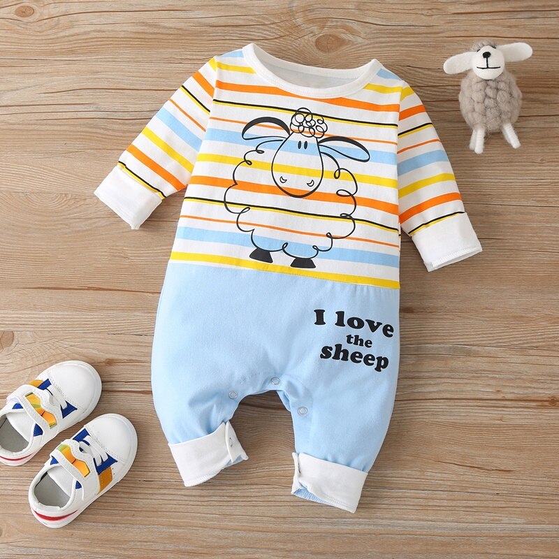 Katoenen Baby Meisje Jongen Romper Fall Leuke Cartoon Dier Schapen Gestreepte Brief Patchwork Lange Mouwen Baby Meisje Kleding Winter 0-18M: 62-3M