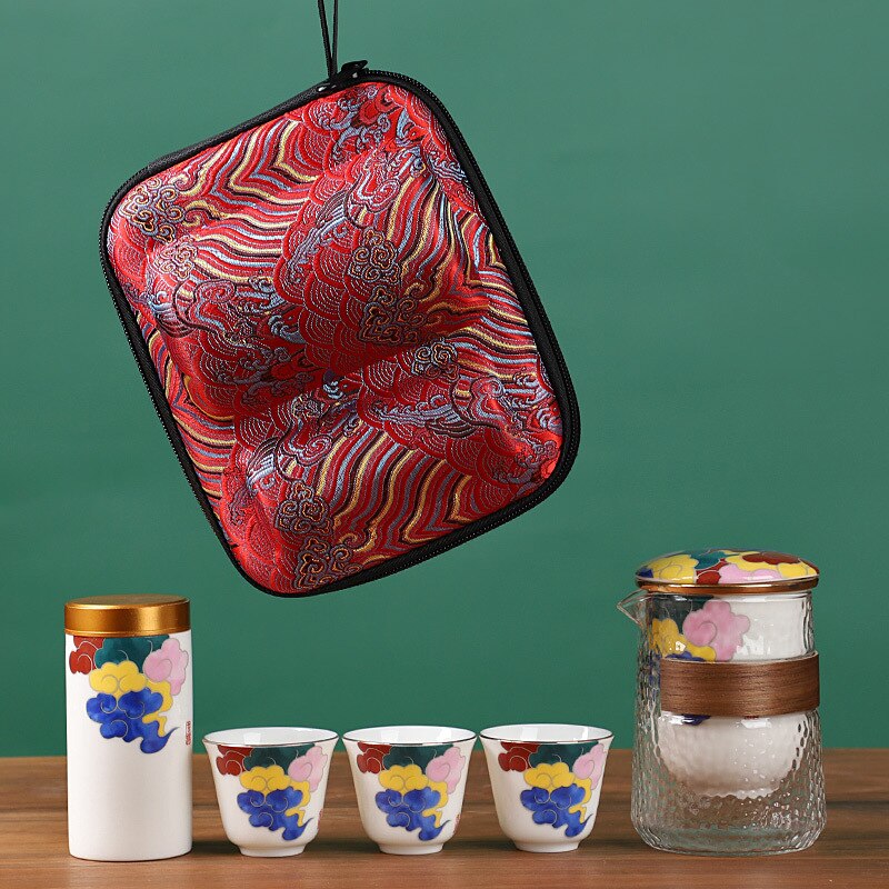 Portable Ceramic Kung Fu Tea Set One Pot and Three Cups Glass Travel Tea Set Japanese-style Hand Painted Home Tea Set Supplies: A--5-piece set