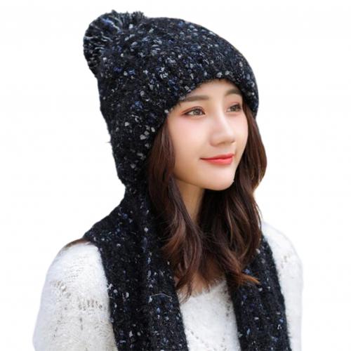 Korean-Style Women Autumn Winter Skullies Beanies Girls Soft Warm Woolen Knitted Circle Loop Scarf Cap Ladies ourdoor sports Hat: Black