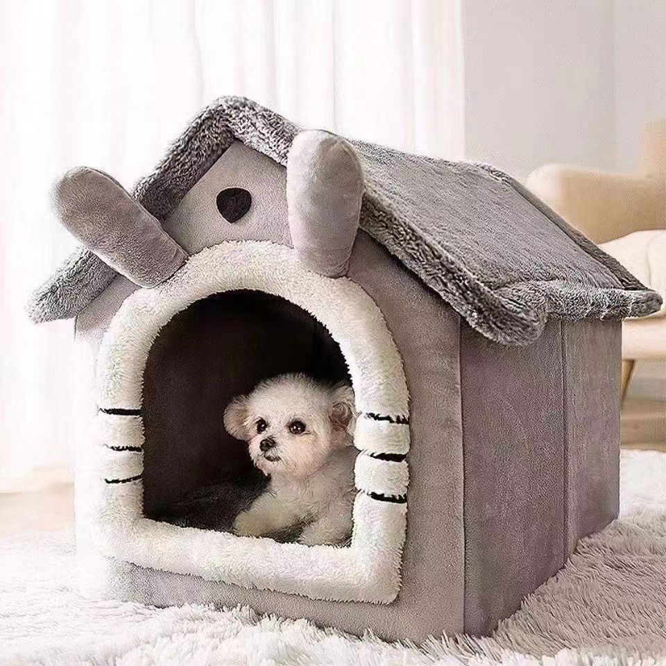 Ganzjahresbett Ich bin Hundehausstil – abnehmbares, waschbares Haustierbett für kleine Hunde, Teddy, Winter, warmes Katzen-Hundehaus: L / Grau