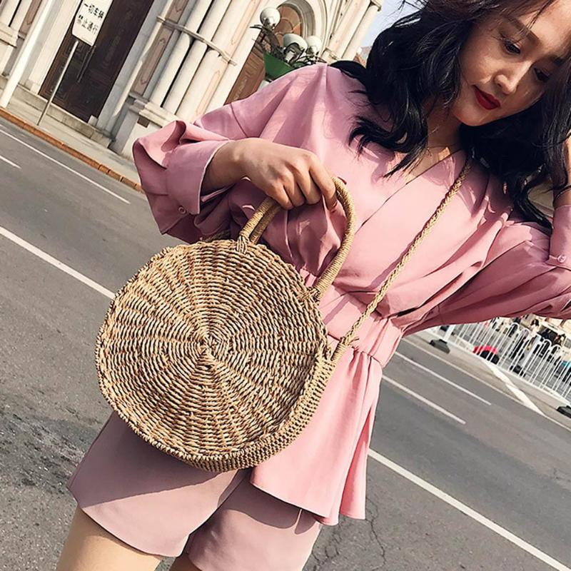 Bolso redondo de paja para mujer, tejida a mano bandolera de mimbre, para la playa,