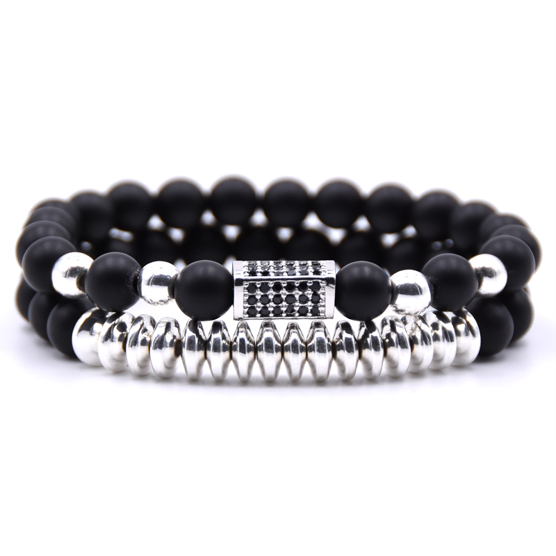 2 pçs/set Micro Pave CZ Longo praça Encantos Pulseiras para mulheres dos homens 8 milímetros Fosco contas de pedra Pulseira de homens jóias presentes: 1