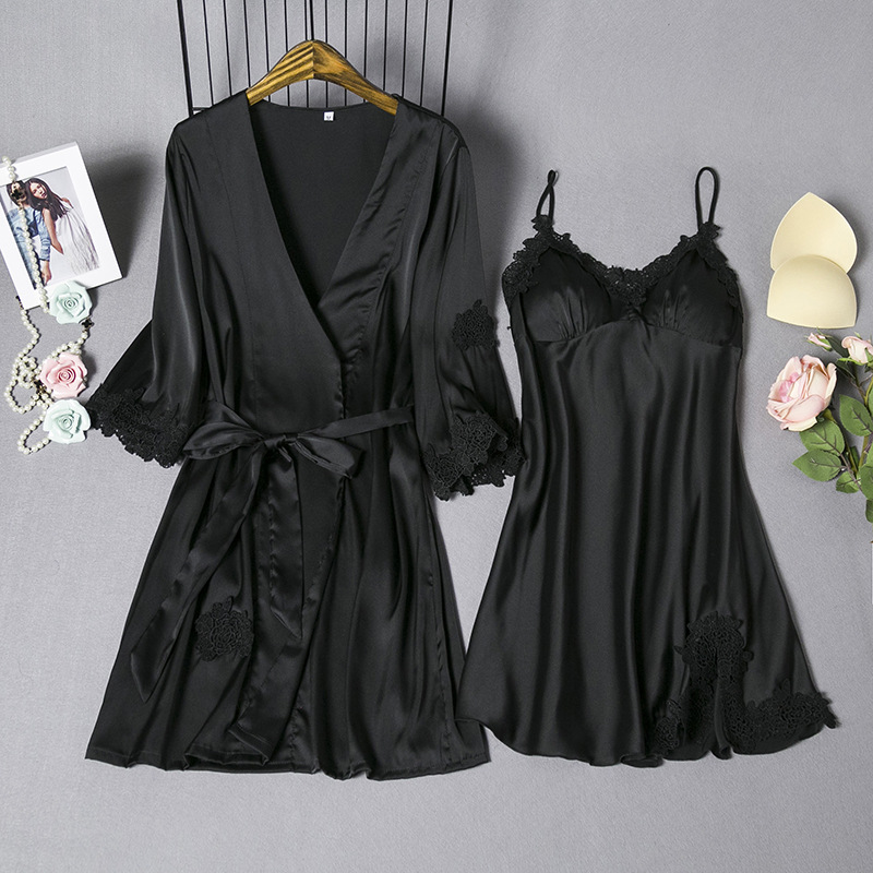 Mechitiz-ensemble de sommeil, robe sexy en soie pour femmes, peignoir deux pièces, robe de nuit luxueuse, printemps été, vêtements de nuit féminins: Black / M