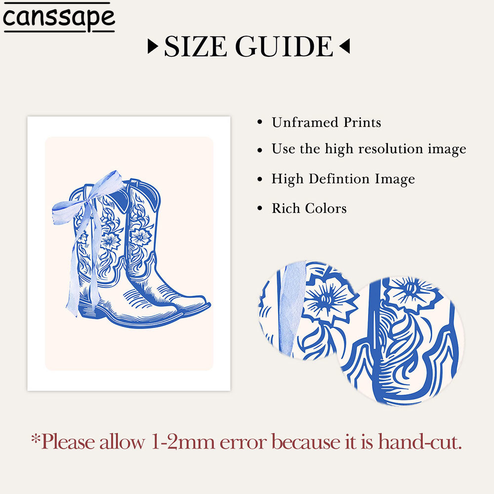 Blauwe cowboylaarzen muurkunst strik poster discobal canvas schilderijen print preppy meisje woonkamer esthetische decoratie