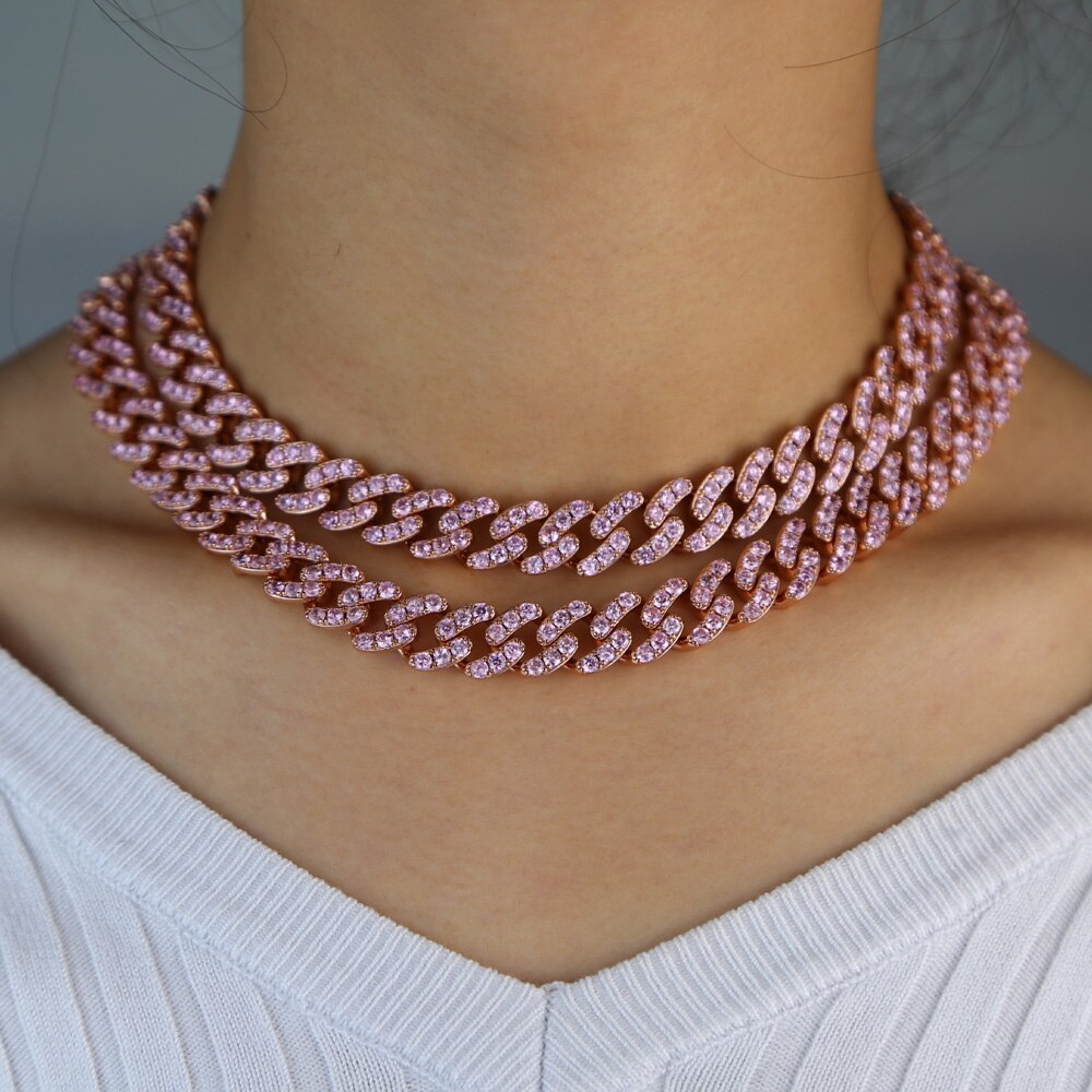 12mm Micro Pave CZ Cuban Link Necklaces pink Luxury Bling Bling choker Jewelry iced out bling zircon rock punk women men jewelry